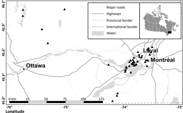 Figure 1.8  La zone d’étude se trouve dans la forêt tempérée du sud du Québec,  dans les domaines écologiques de l’Érablière à Caryer cordiforme et de  l’Érablière à tilleul