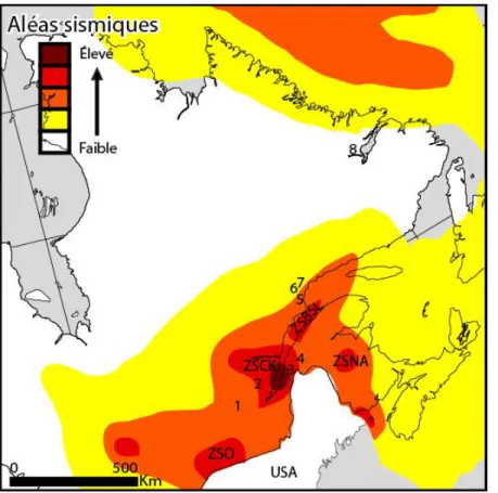 Figure 0. 2: Aléas sismiques dans l'est du Canada et localisation des zones sismiques actives : Zone sismique de l’Outaouais  (ZSO), Zone sismique de Charlevoix-Kamouraska (ZSCK), Zone sismique du Bas-Saint-Laurent (ZSBSL) et Zone sismique  du nord des App