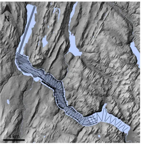 Figure 0. 9: Étendue des profils de sous-surface prélevés dans le Lac Témiscouata avec l’instrument de de type Kongsberg  GeoPulse