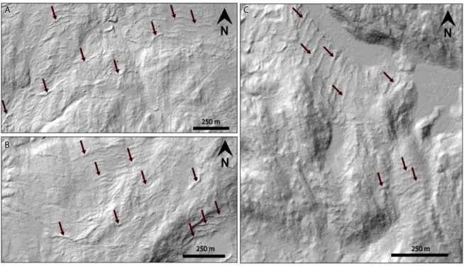 Figure  1.  5:  Examples  of  recessional  morainic  ridges  observed  on  the  DEM  around  fjord-lake  Mékinac