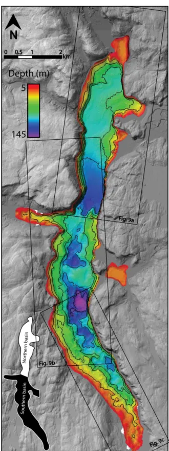 Figure 1.  8: High-resolution swath bathymetry image of Lake Mékinac (resolution 2 m) with contour lines every 25 m,  coupled with a DEM (resolution 1 m) of the surrounding area
