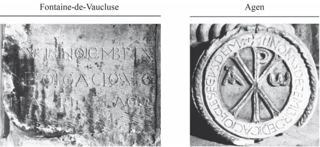 Figure 35 : Inscriptions de Fontaine-de-Vaucluse (84) et de Saint-Caprais d’Age (47) avec réglures  incisées