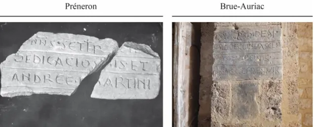 Figure 37 : Inscriptions avec réglures gravées de Préneron et Brue-Auriac. Cl. de gauche J