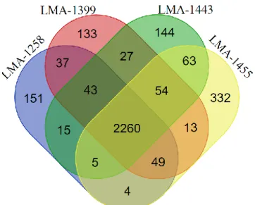 Figure  2.  Venn  diagram  representing  the  distribution  of  the  gene  clusters  calculated  by  PGAP  in  between the four newly sequenced Staphylococcus equorum genomes