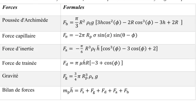 Tableau 1. Recensement des forces s’exerçant sur une particule solide à l'interface gaz — liquide  Forces  Formules  Poussée d'Archimède  