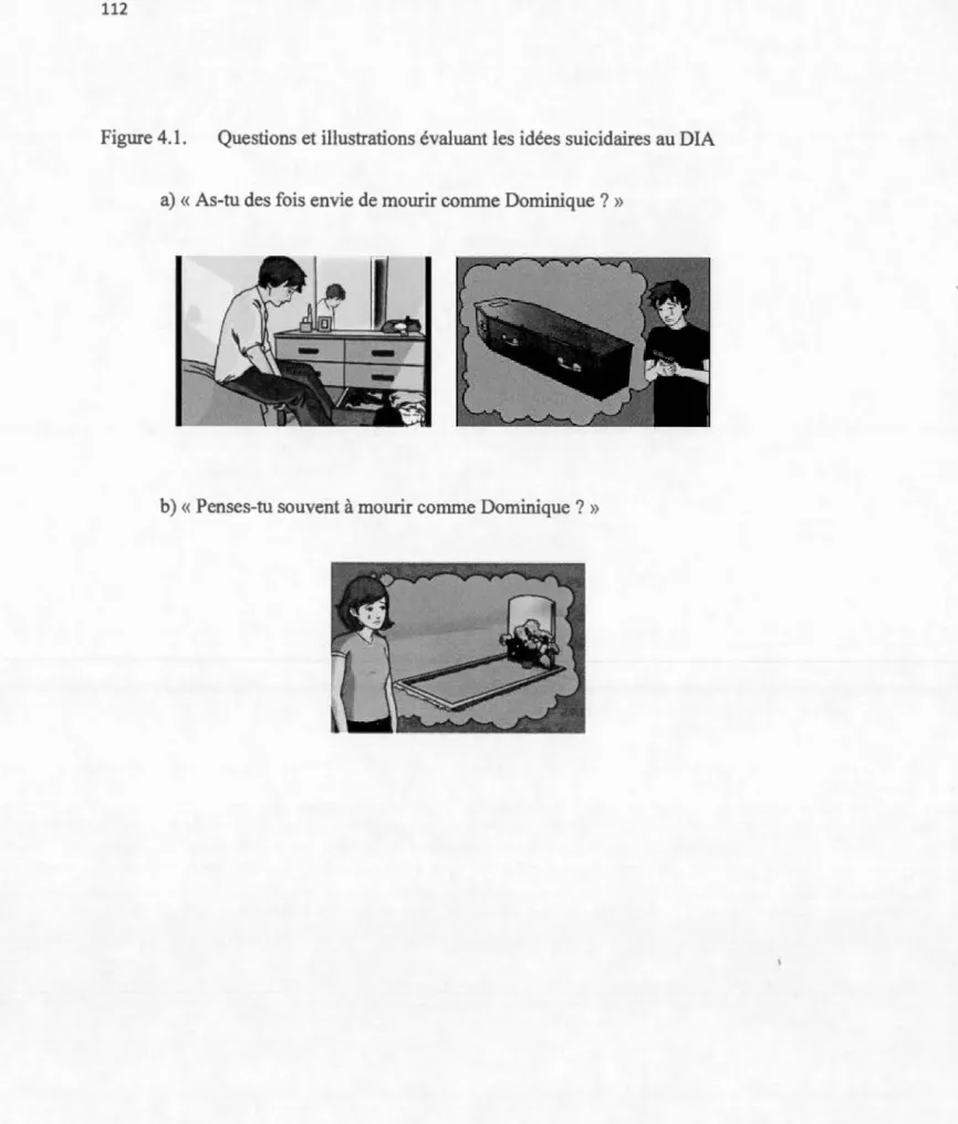 Figure 4 . 1.  Questions  et illustrations évaluant  les idées  suicidaires au  DIA 
