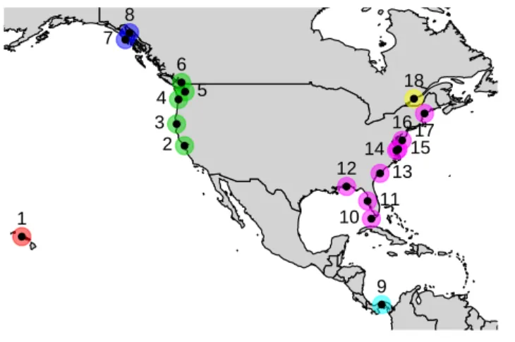 Figure 2.1 – Location and indexation of the d = 18 coastal stations. The colours indicate hypothesized clusters.