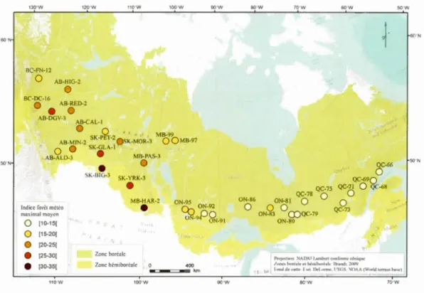 Figure 1.1  Carte  des  sites  échantillonnés  dans  l a  forêt  boréale  au  Canada  et  leur  classe  d'indice forêt météo maximal  moyen 