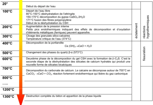 Figure 13 : Transformations principales dues à la température entre la température ambiante et la  température de la destruction du matériau béton