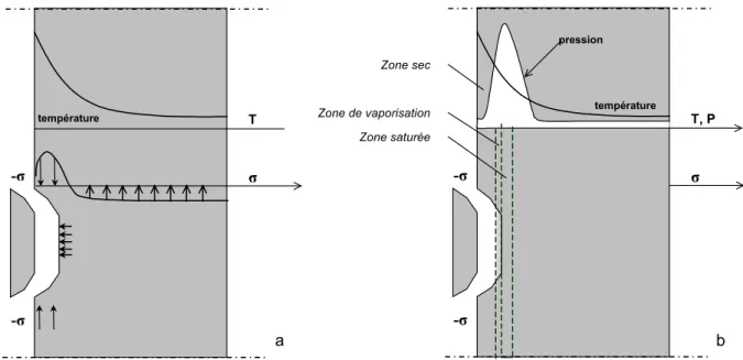 Figure 39: Principales raisons d’apparition de l’écaillage : a) dilatation thermique empêchée d’après  Bazant, 1997[15] et b) pressions internes Anderberg, 1997[5] 