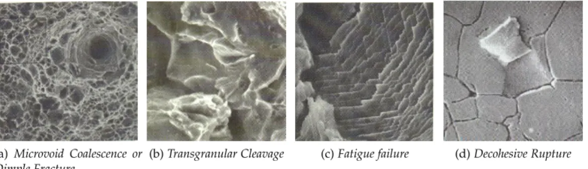 Figure 3: Different types of fracture surface characteristics on a micro-scale; (a)-(c) Bhattacharyya 1979 and (d) C