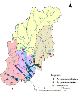Figure 7  : Propriétés retenues pour l'analyse des temps de cheminement dans le bassin versant de la prise  d'eau potable de la Ville de Québec dans la rivière Saint-Charles 