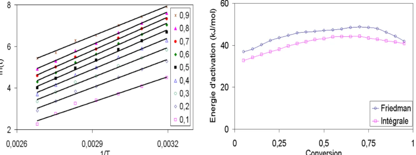 Fig. I.37  : Dépouillement selon la méthode intégrale et évolution de l’énergie d’activation  avec la conversion en mode isotherme