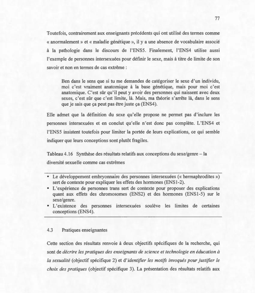 Tableau 4 . 16  Synthèse des  résultats relatifs  aux conceptions du  sexe / genre - la  diversité sexue lle comme cas extrêmes 