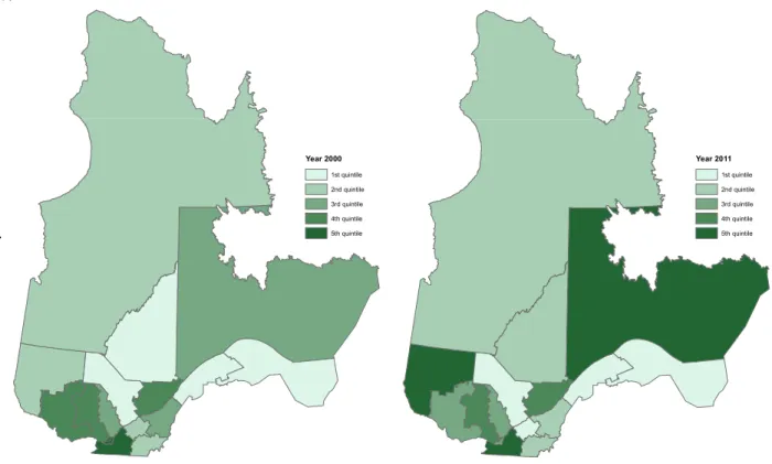 Figure 1.1 – Quintile of regions by average income in the province of Quebec in the years 2000 and 2011 