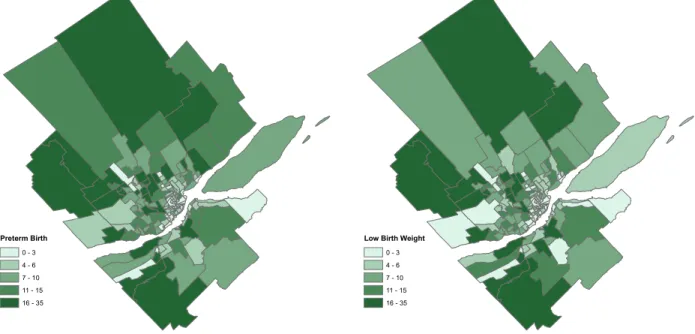 Figure 2.1 – Number of preterm birth and low birth weight by CT in the CMA of Quebec. Preterm Birth 0 - 3 4 - 6 7 - 10 11 - 15 16 - 35