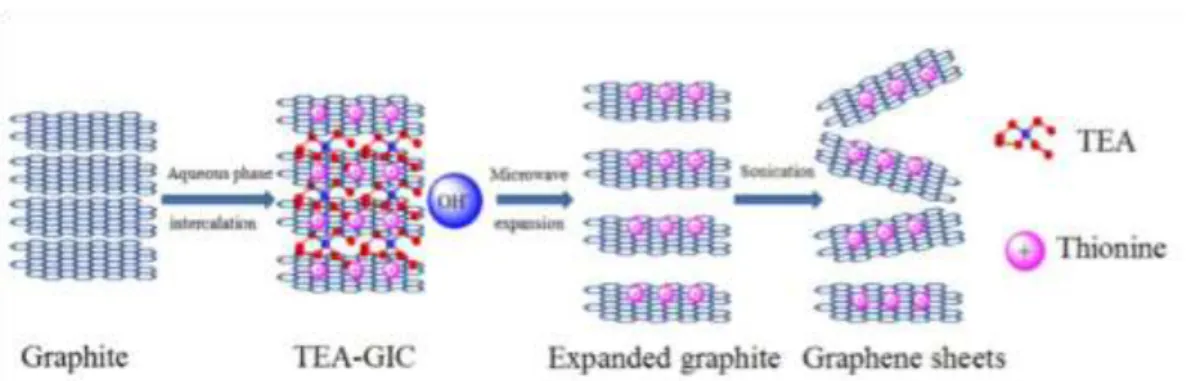 Figure 2.2. Experimental procedure for preparation of graphene by liquid phase intercalation  and exfoliation of graphite [8]
