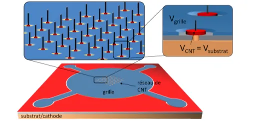 Figure 1.39: Sch´ ema de la cathode ` a CNT ` a grille planaire ´ etudi´ ee.