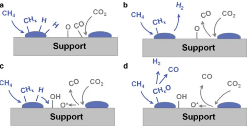 Figure 1-11. Reaction steps for CO 2  reforming with CH 4 : (a) Adsorption and dissociation of CO 2  and 