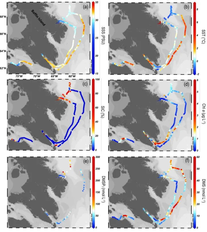 Figure 3.2. Spatial distribution of (a) SSS, (b) SST, (c) SIC, (d) Chl a, (e) DMSP t  and (f) DMS along 