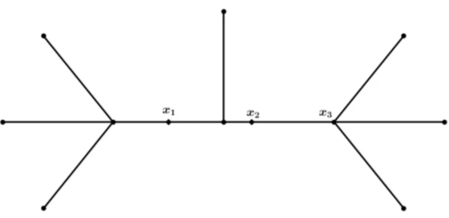 Figure 2.1  Un arbre métrique G avec 3 points x 1 ,x 2 et x 3 où x 3 est aussi un sommet de