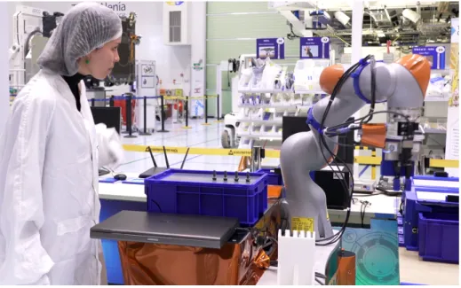 Figure 1.1: KUKA iiwa robot working side-by-side with a human coworker in Aerospace industry, courtesy of ColRobot project [3].