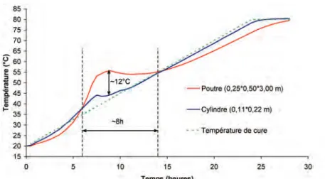 Figure 2-18 : simulation de la température au cœur de corps d’épreuve soumis à un échauffement  constant (module TEXO CESAR-LCPC) 