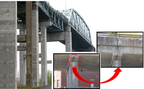 Figure 1.1  Pont Honoré-Merier à Montréal et détail des ssures sur l'une des piles.