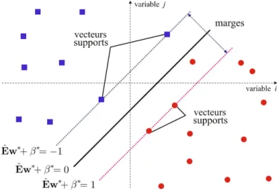Figure 3.12  Hyperplan, marges et veteurs supports pour la lassiation linéaire.