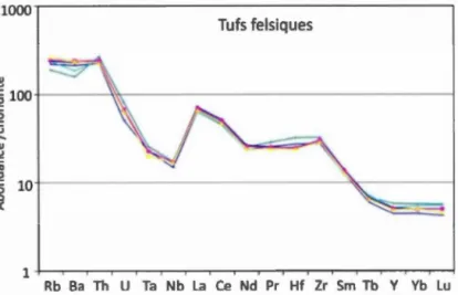 Figure 3 . 7  1000  Tufs  felsiques QJ ~100+-----~~ ------------------------------ ~ c 0 ..c u .._ QJ u c &#34;' &#34;'0 g 10+-----------------------------~~------~ .0 &lt;t: Rb Ba  Th U  Ta Nb  La Ce Nd  Pr Hf  Zr  Sm  Tb Y  Yb  Lu  8 3 