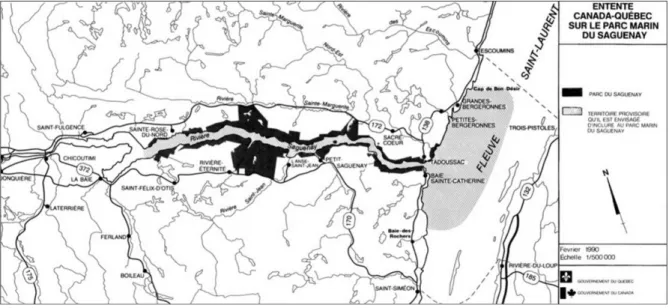 Figure 1Proposition initiale de limites pour le parc marin Saguenay lors de l’entente Canada-Québec (tiré de  Gouvernement du Canada et Gouvernement du Québec, 1990, dans Maltais et Pelletier 2018)