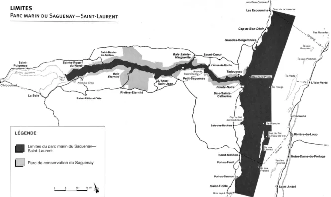 Figure 2Limites du parc marin du Saguenay–Saint-Laurent et de l’aire de coordination telles que révisées après  consultation publique (tiré de PC-MEF, 1995 dans Maltais et Pelletier 2018)
