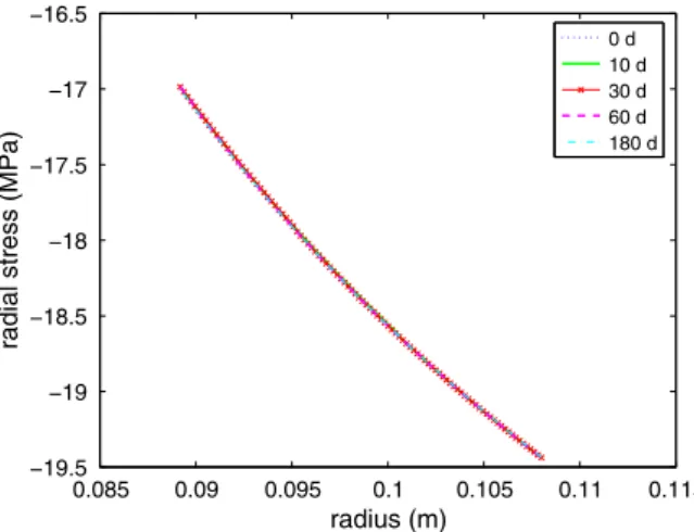 Figure 11. Spatial evolution of the radial stress in the cement sample during 180 days of exposure to the CO 2