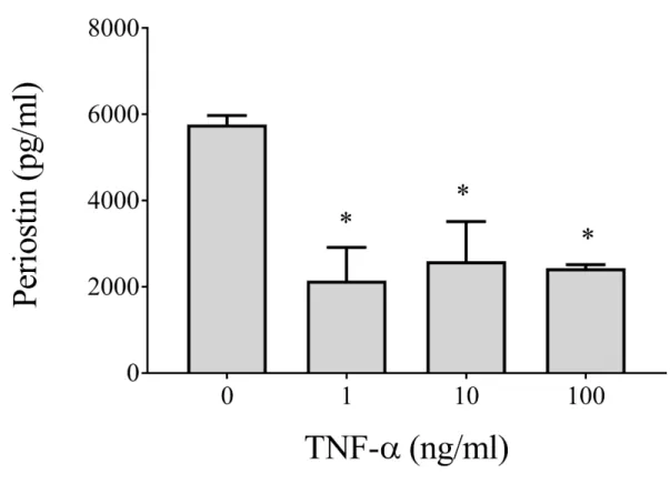 Figure 5. Effect of TNF-! on the secretion of periostin by SCAP. Results are expressed as the means ± SD of triplicate assays