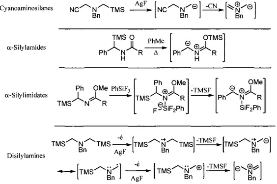 Figure 1.9. Methodes de generation des ylures d'azomethine par elimination de trimethylsilyle