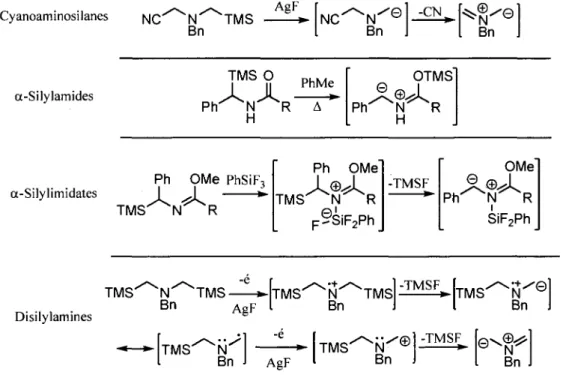 Figure 1.9. Methodes de generation des ylures d'azomethine par elimination de trimethylsilyle