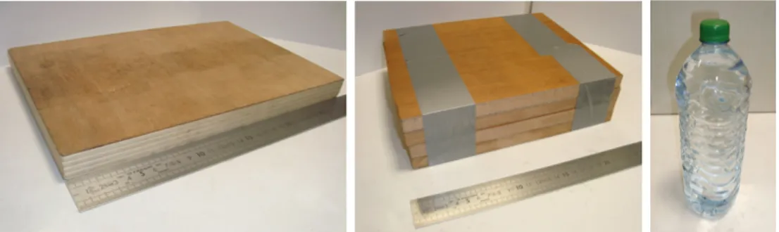 Figure 3.3: Left: 22 mm plywood block. Middle: 64 mm composite wood block. Right: plastic bottle full of tap water.