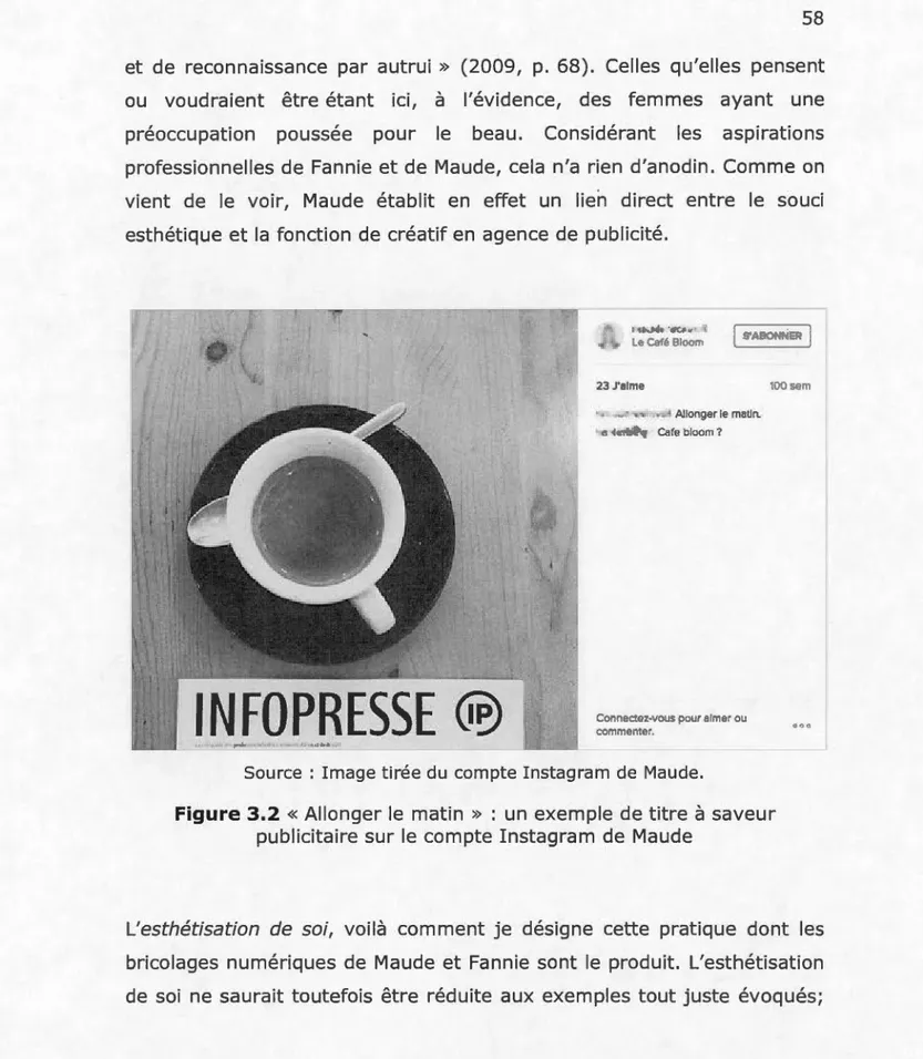 Figure  3.2  «  Allonger le  matin  »  :  un  exemple  de titre  à  saveur  publicitaire  sur  le  compte  Instagram  de  Maude 