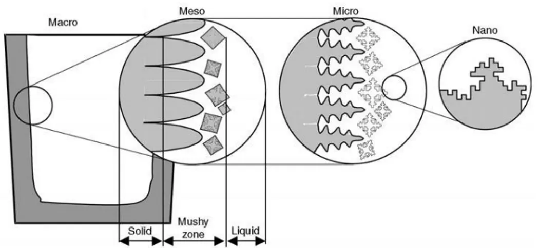 Figure II-1 : Morphologie cristalline de solidification typique d'un lingot à différentes échelles [8] 
