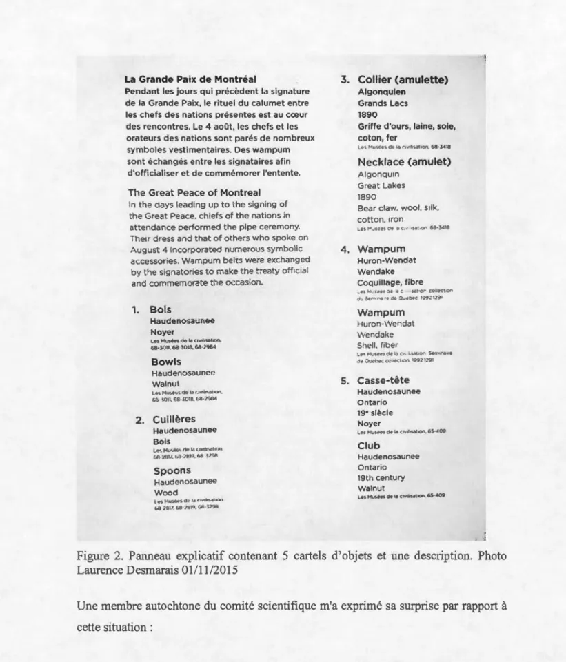 Figure  2.  Panneau  explicatif contenant  5  cartels  d'objets  et  une  description