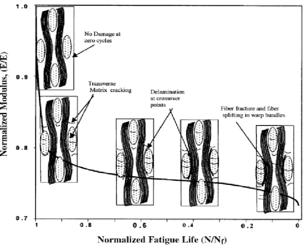 Figure 4 : Représentation schématique de l’évolution de l’endommagement en fatigue d’un  composite tissé en fonction de la dégradation du module normalisé [8] 