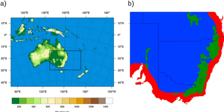 Figure 1. (a) The 50 km RCM simulations domain (CORDEX-Austral Asia domain) and the 10 km RCM domain (black rectangle) and (b) the three regions of