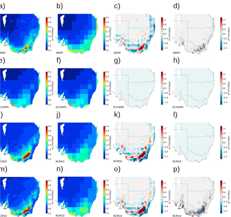 Figure 2. Summer mean precipitation for (a–d) the AWAP observations, (e–h) the ECHAM5 GCM, and (i–l) the 50 km and (m–p) the 10 km RCM (version R1).