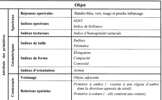 Tableau 3.7. Exemple d'enregistrement de la base de données sur les primitives  Objet 