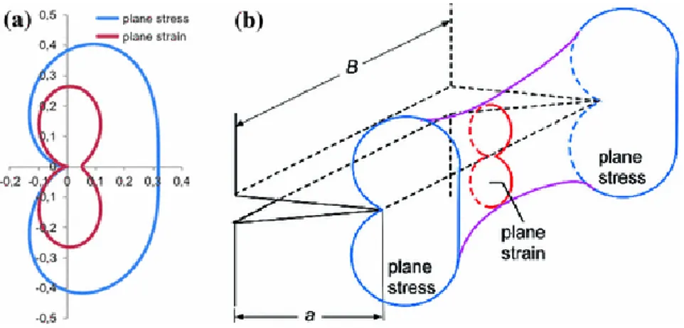 Figure 1.4: Shape of the plastic zone at the crack tip ([Brocks, 2017]): (a) under the assumptions of plane stress and plane strain; (b) illustration of the stress state along the crack front.