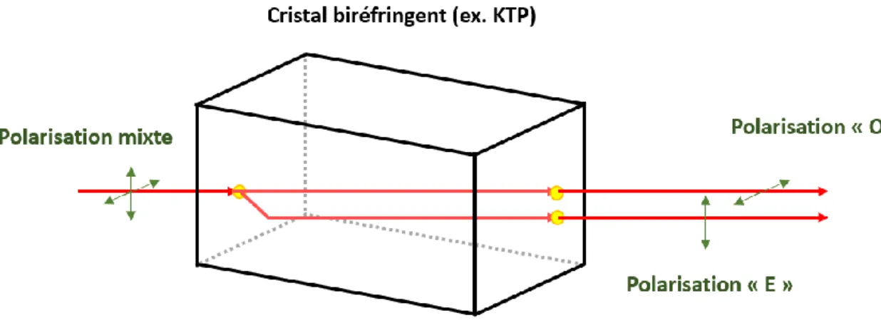 Figure 16 - Schématisation de la séparation d’un faisceau avec polarisation mixte en deux faisceaux  polarisés perpendiculairement (axes ordinaire et extraordinaire) par un cristal biréfringent  Dans le présent projet, le cristal utilisé pour l’OPO est un 