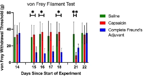 Figure 5: Mechanical Sensitivity. The von Frey filament test was used for a total of seven times prior to the beginning of  the motor learning data collection (see also Figure 1A)