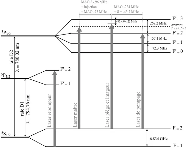 Fig. 2.13: Fréquences d'émission des diérents faisceaux laser utilisés sur notre dispositif expéri- expéri-mental.