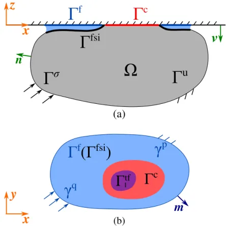 Figure 2.11: Sketch of the problem under study: (a) contact between a solid and a rigid plane with fluid present in the interface; (b) view of the contact interface