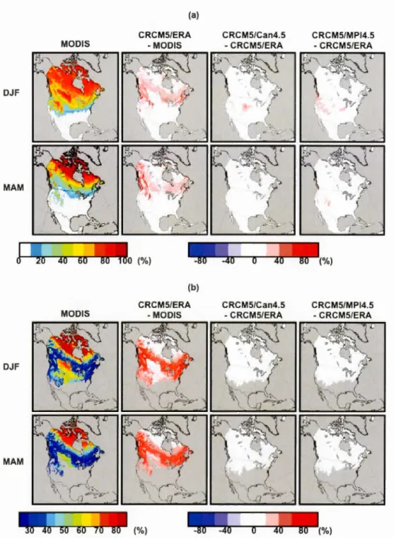 Figure  2.4:  (a)  Mean  snow  cover  from  MODIS  (first  co lumn ),  difference  between 